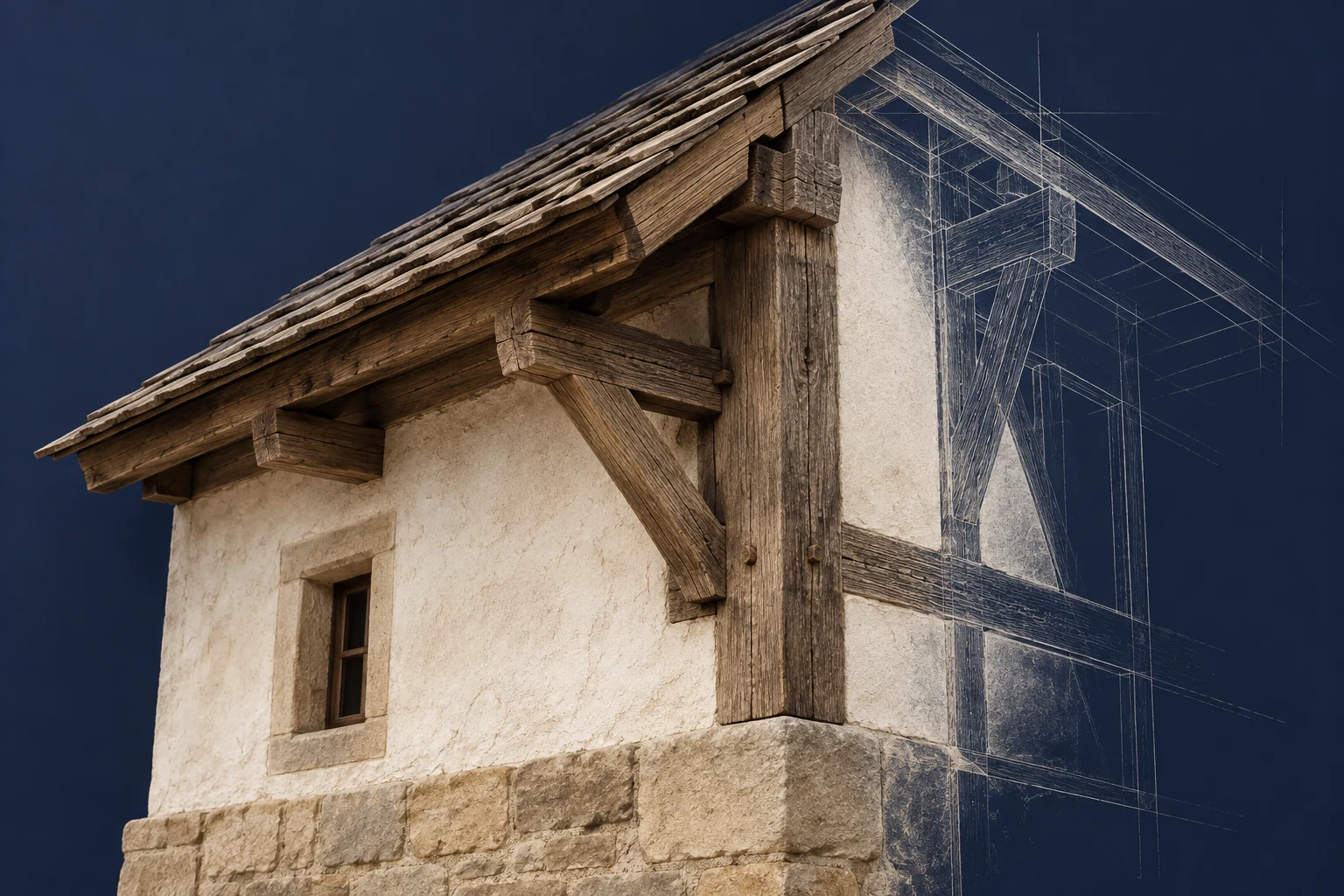 Illustrative architectural study of historic building fabric with timber framing and drawn reconstruction