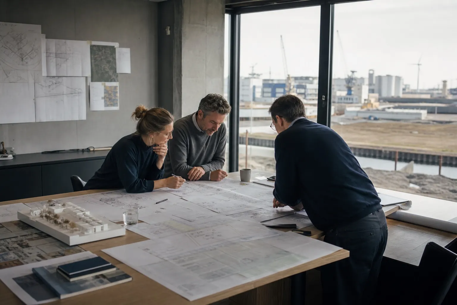 Interdisziplinäres Team arbeitet gemeinsam an technischen Plänen